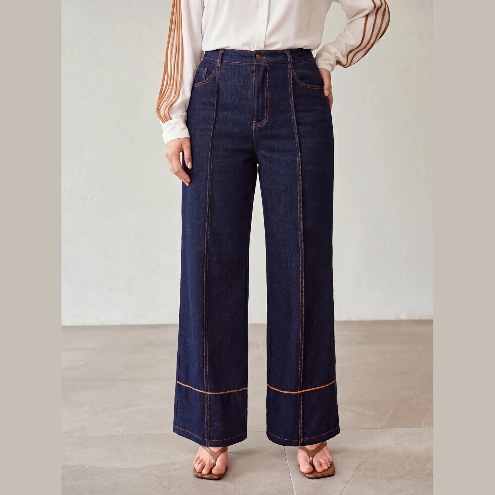Dark Indigo Contrast Stitch High Waist Wide Leg Denim Jeans